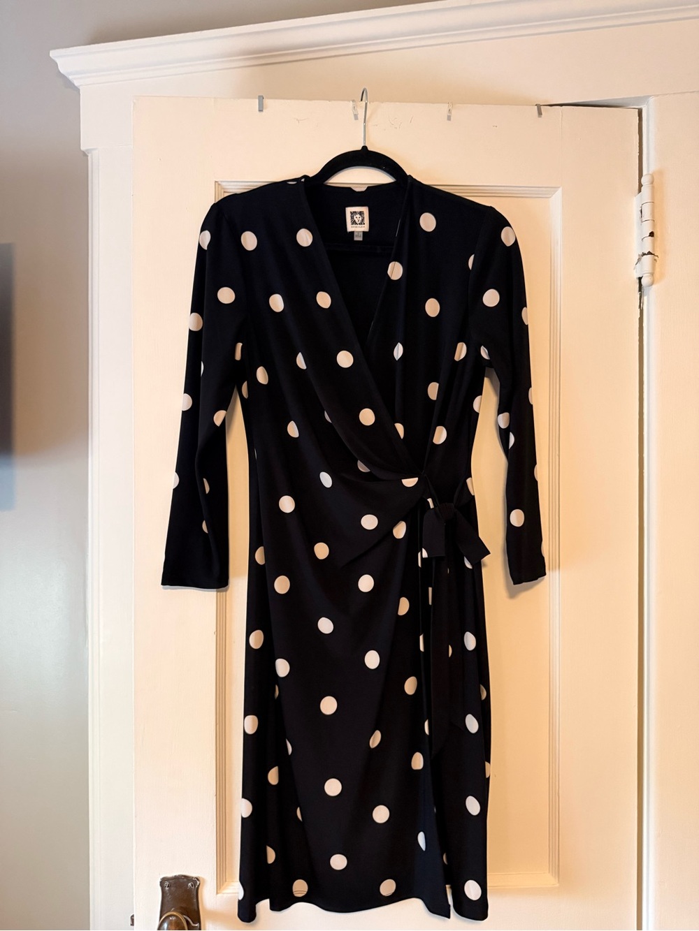 Anne Klein Black Wrap Dress with White Polka Dots